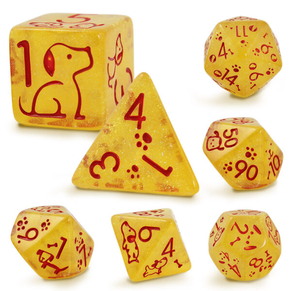 Kości RPG akrylowe pieski łapki żółte D&D zestaw 7 szt. woreczek
