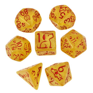 Kości RPG akrylowe pieski łapki żółte D&D zestaw 7 szt. woreczek