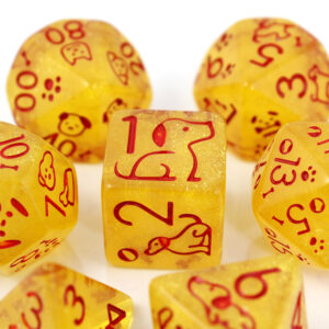 Kości RPG akrylowe pieski łapki żółte D&D zestaw 7 szt. woreczek
