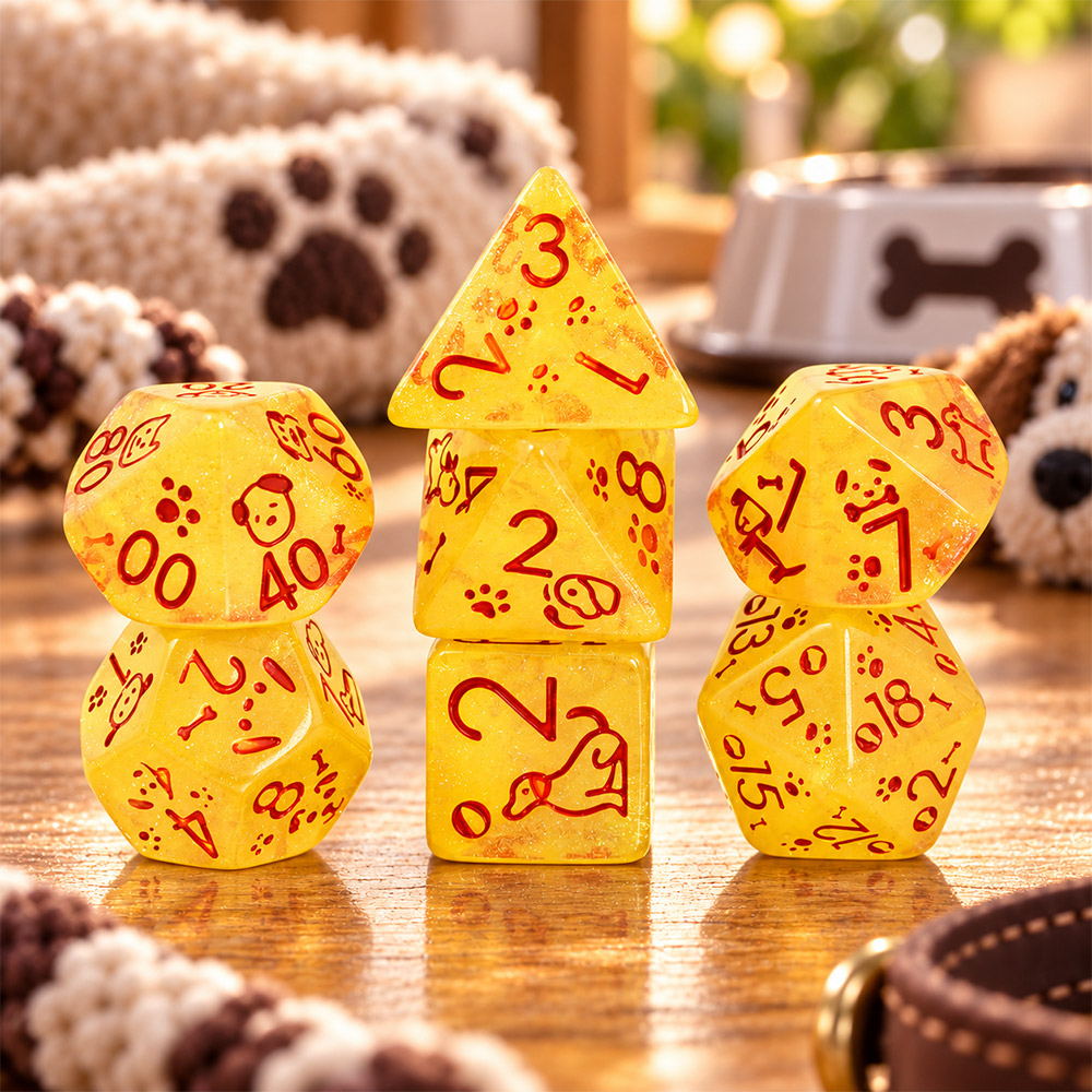 Kości RPG akrylowe pieski łapki żółte D&D zestaw 7 szt. woreczek