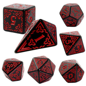 Kości RPG akrylowe czarne celtyckie czerwone D&D zestaw 7 szt.