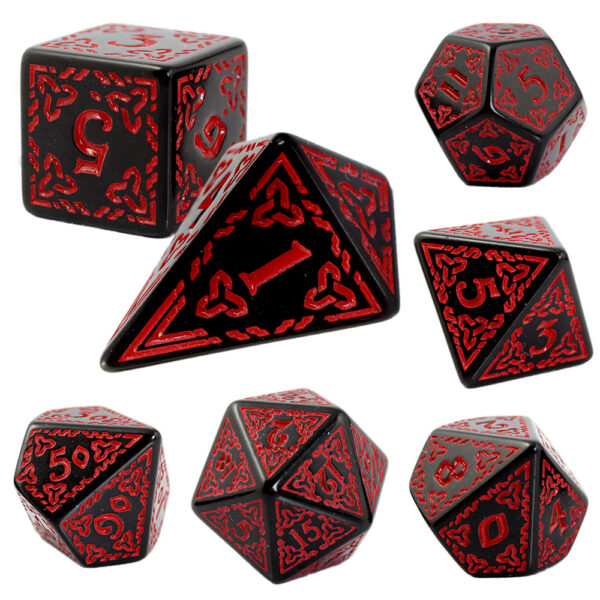 Kości RPG akrylowe czarne celtyckie czerwone D&D zestaw 7 szt.