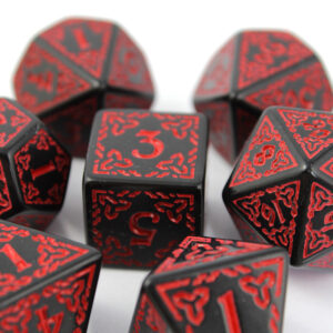 Kości RPG akrylowe czarne celtyckie czerwone D&D zestaw 7 szt.
