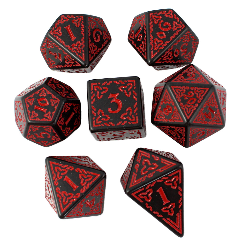 Kości RPG akrylowe czarne celtyckie czerwone D&amp;D zestaw 7 szt.