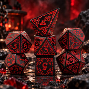 Kości RPG akrylowe czarne celtyckie czerwone D&D zestaw 7 szt.