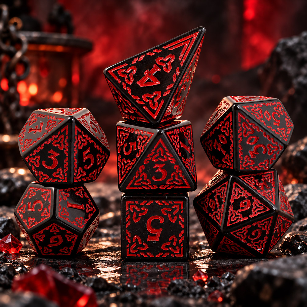 Kości RPG akrylowe czarne celtyckie czerwone D&amp;D zestaw 7 szt.