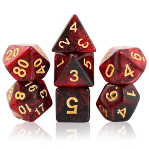 Kości RPG akrylowe czerwone brokatowe D&D zestaw 7 szt. woreczek
