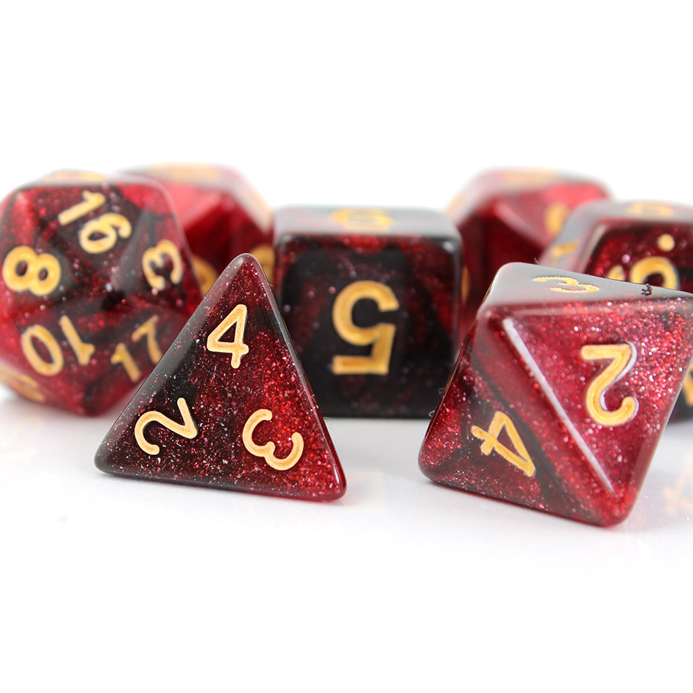 Kości RPG akrylowe czerwone brokatowe D&amp;D zestaw 7 szt. woreczek