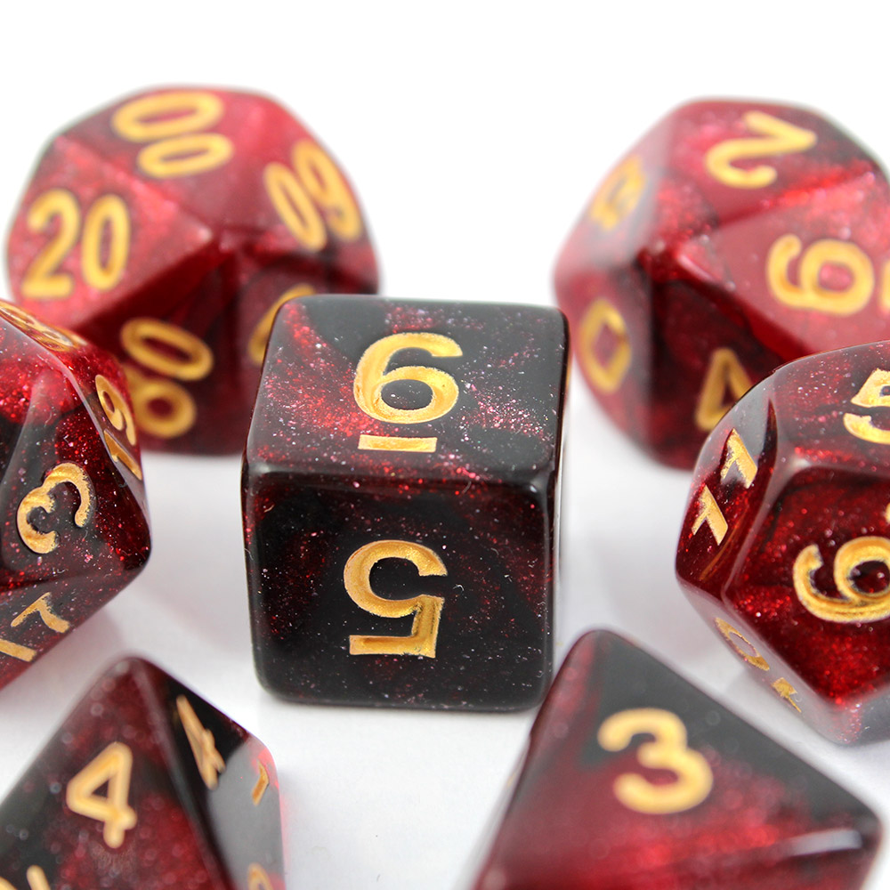 Kości RPG akrylowe czerwone brokatowe D&amp;D zestaw 7 szt. woreczek