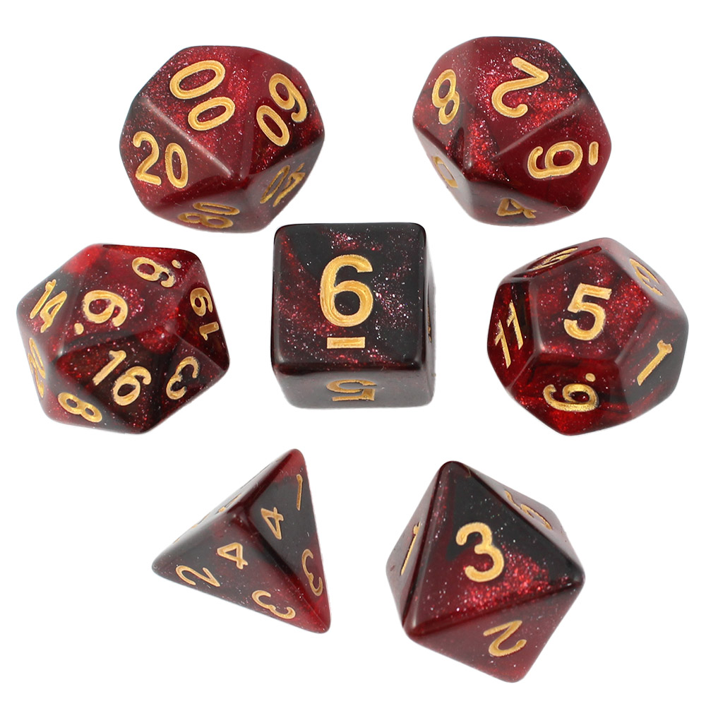 Kości RPG akrylowe czerwone brokatowe D&amp;D zestaw 7 szt. woreczek