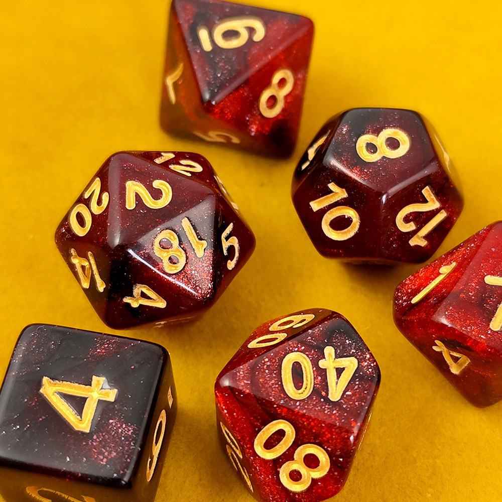 Kości RPG akrylowe czerwone brokatowe D&amp;D zestaw 7 szt. woreczek