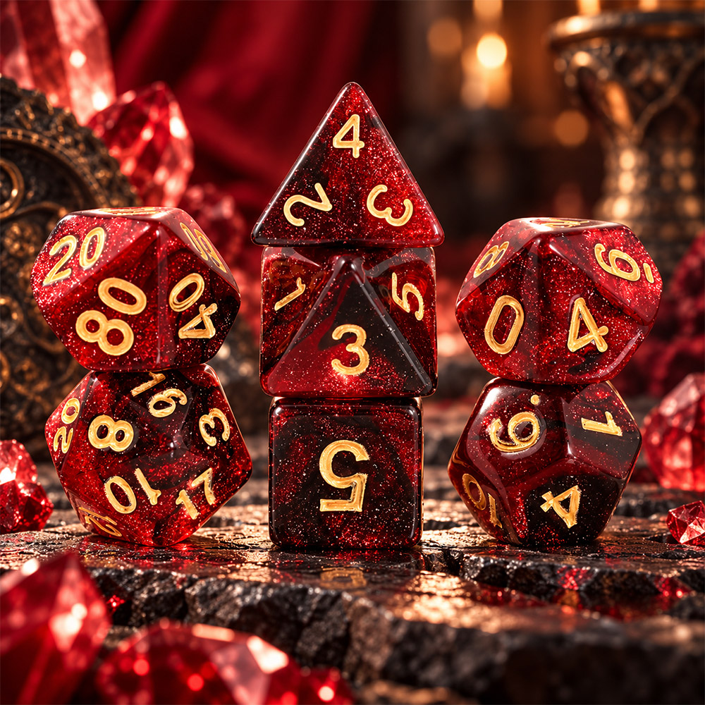 Kości RPG akrylowe czerwone brokatowe D&amp;D zestaw 7 szt. woreczek