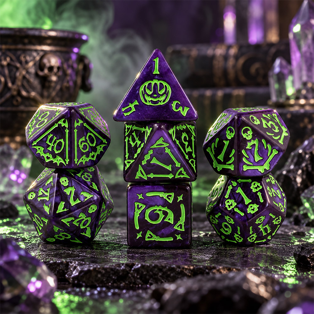 Kości RPG akrylowe Halloween fioletowe dynie D&amp;D zestaw 7 szt.