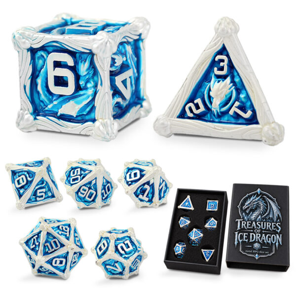 Kości RPG metalowe smoki srebrne niebieskie D&D zestaw 7 szt. pudełko