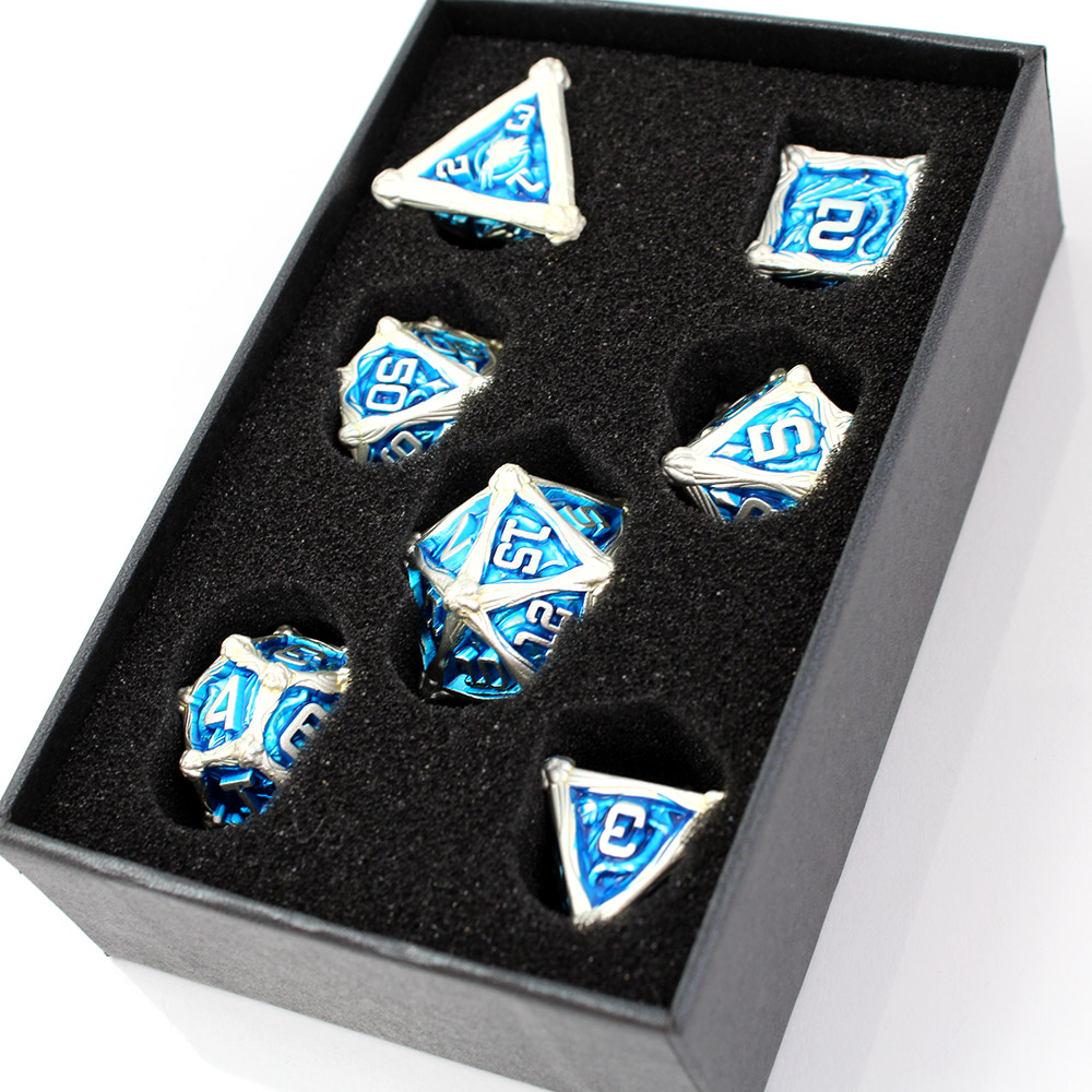 Kości RPG metalowe smoki srebrne niebieskie D&amp;D zestaw 7 szt. pudełko