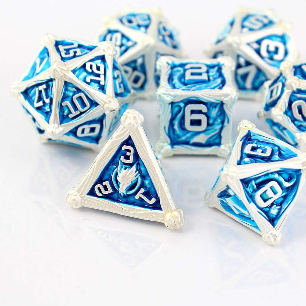 Kości RPG metalowe smoki srebrne niebieskie D&amp;D zestaw 7 szt. pudełko
