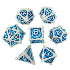 Kości RPG metalowe smoki srebrne niebieskie D&D zestaw 7 szt. pudełko