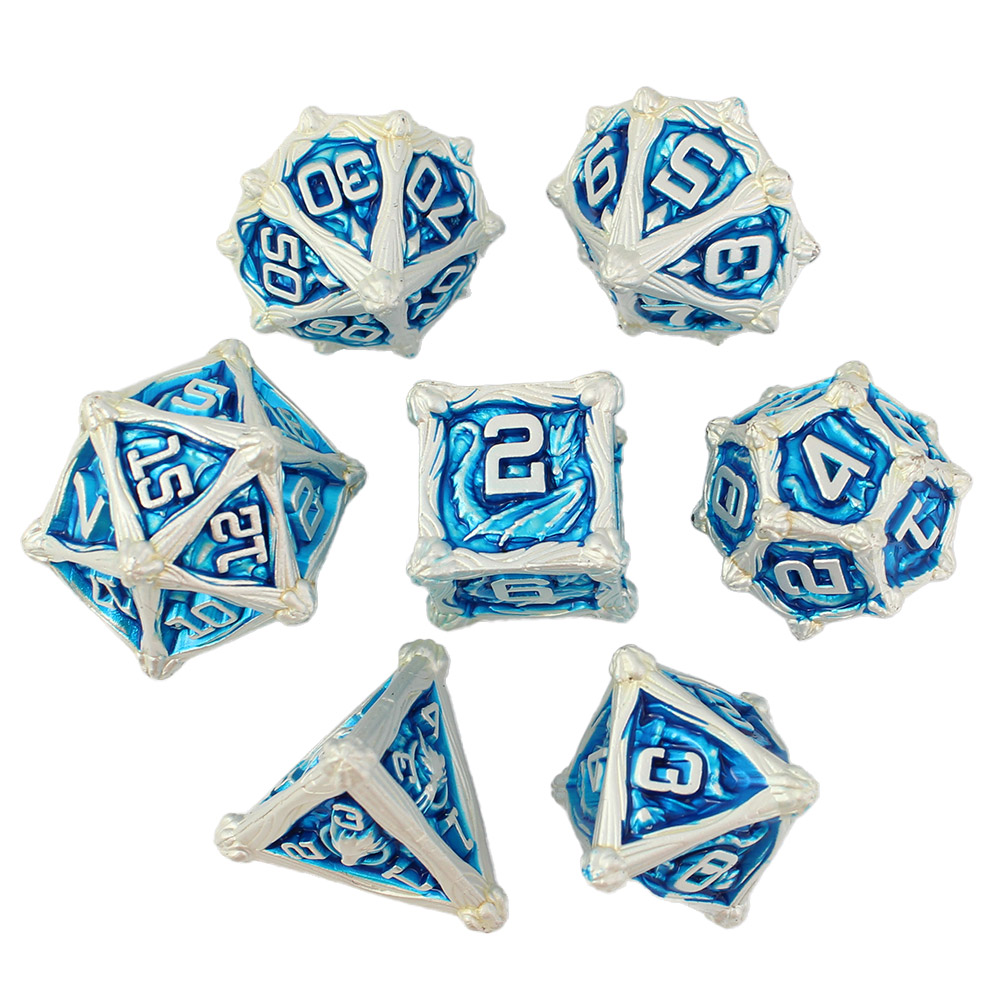Kości RPG metalowe smoki srebrne niebieskie D&amp;D zestaw 7 szt. pudełko