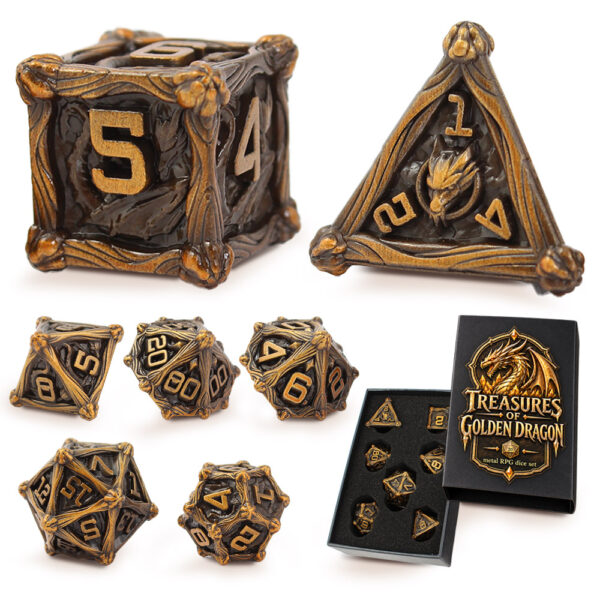 Kości RPG metalowe smoki antyczne złoto D&D zestaw 7 szt. pudełko