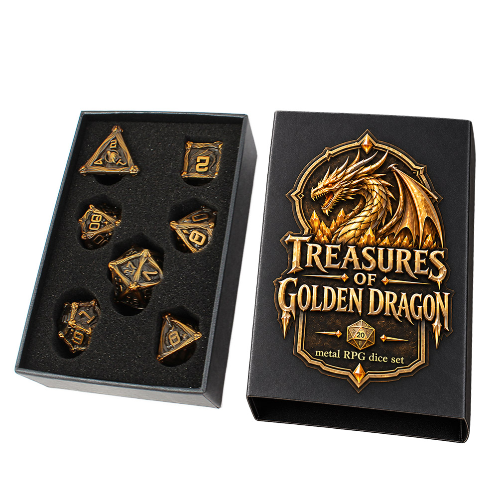 Opakowanie zestawu kości RPG Treasures of Golden Dragon