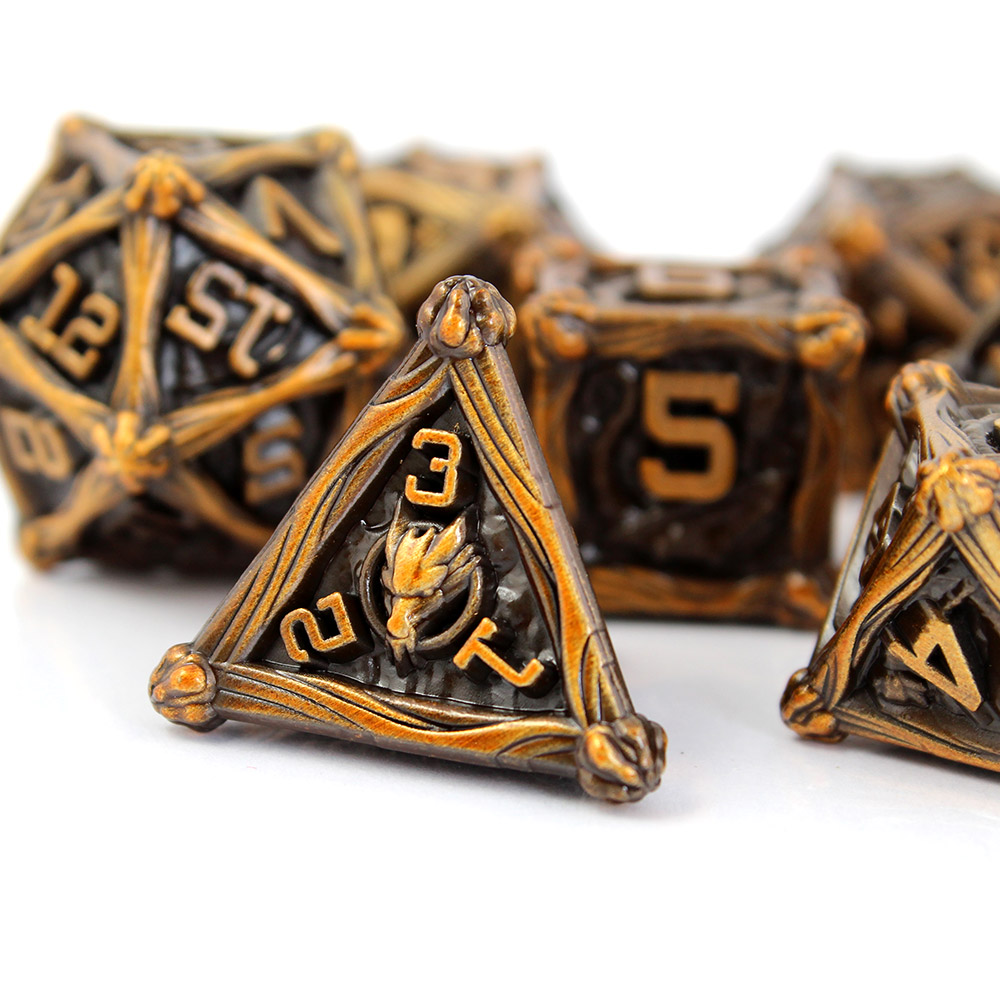 Kości RPG metalowe smoki antyczne złoto D&amp;D zestaw 7 szt. pudełko