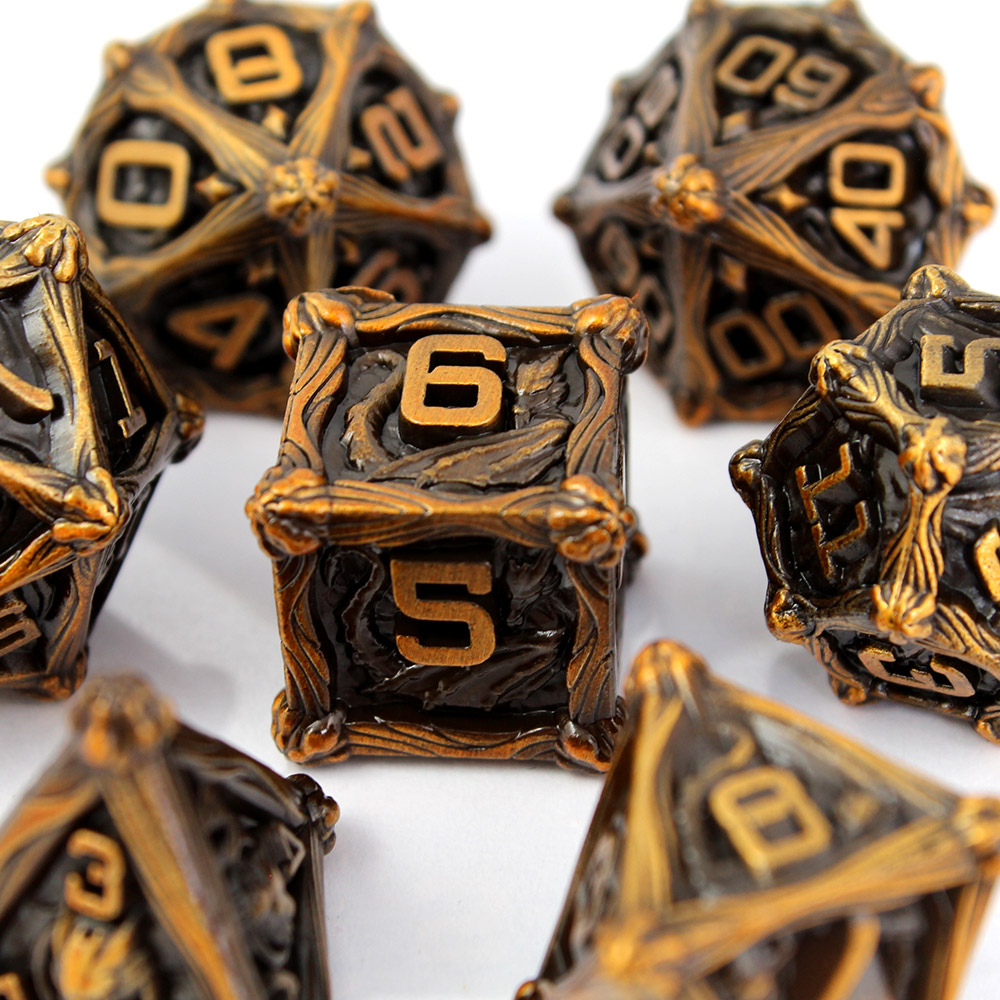 Kości RPG metalowe smoki antyczne złoto D&amp;D zestaw 7 szt. pudełko