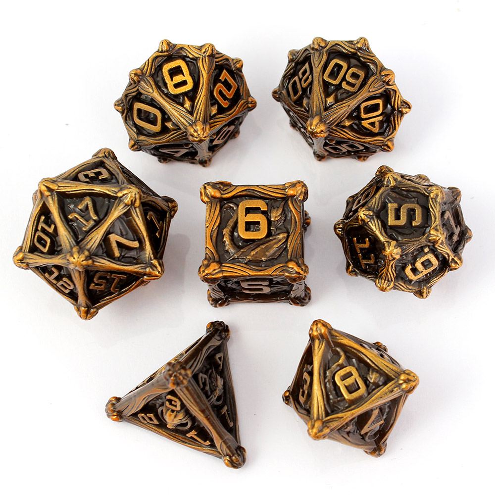 Kości RPG metalowe smoki antyczne złoto D&amp;D zestaw 7 szt. pudełko