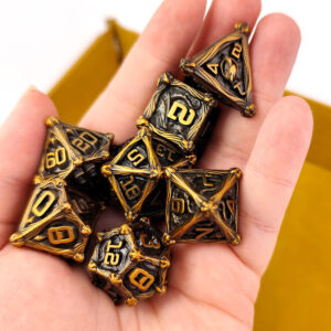 Kości RPG metalowe smoki antyczne złoto D&D zestaw 7 szt. pudełko