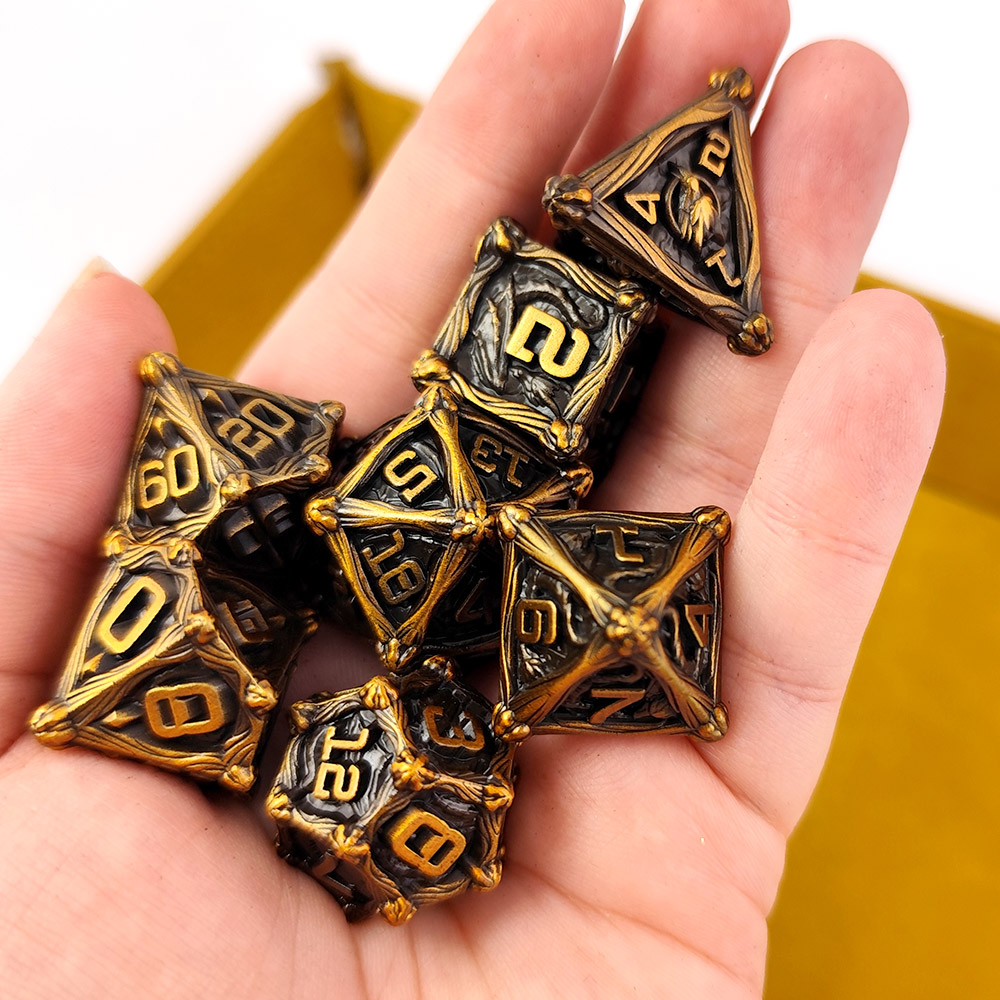 Kości RPG metalowe smoki antyczne złoto D&amp;D zestaw 7 szt. pudełko