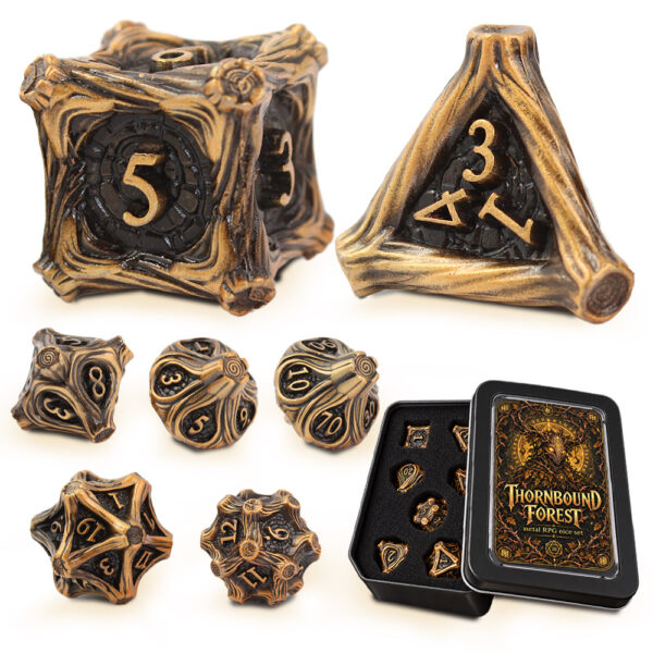 Kości RPG metalowe leśne druid gałęzie D&D zestaw 7 szt. pudełko