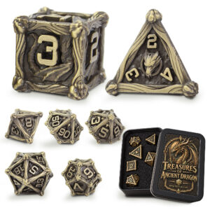 Kości RPG metalowe smoki antyczny brąz D&D zestaw 7 szt. pudełko