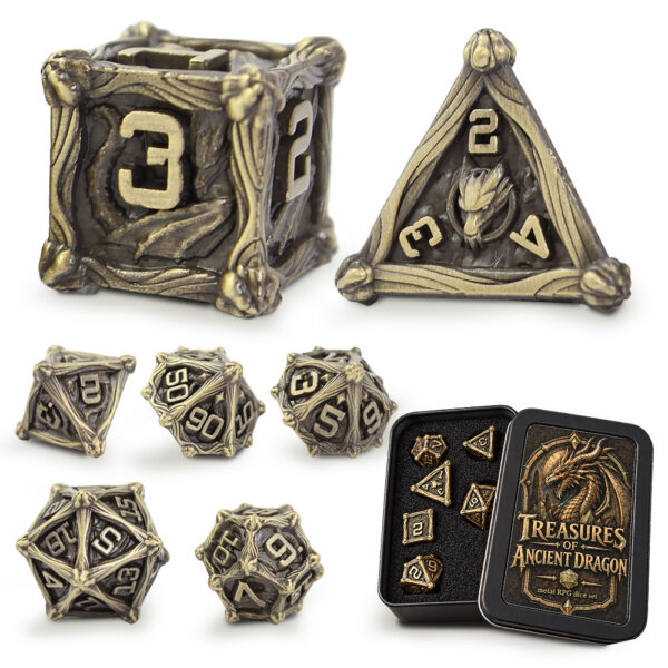 Kości RPG metalowe smoki antyczny brąz D&D zestaw 7 szt. pudełko