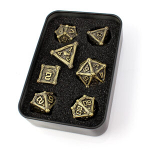 Kości RPG metalowe smoki antyczny brąz D&D zestaw 7 szt. pudełko