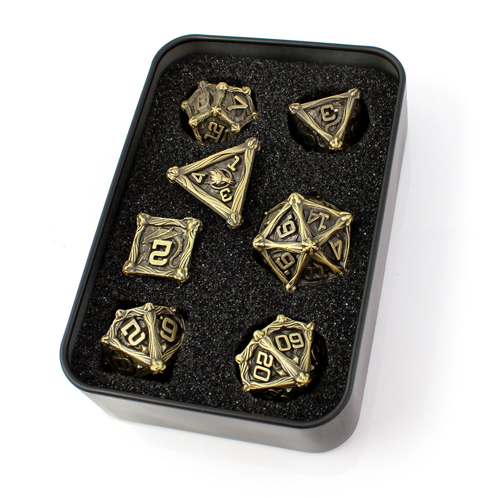 Kości RPG metalowe smoki antyczny brąz D&amp;D zestaw 7 szt. pudełko