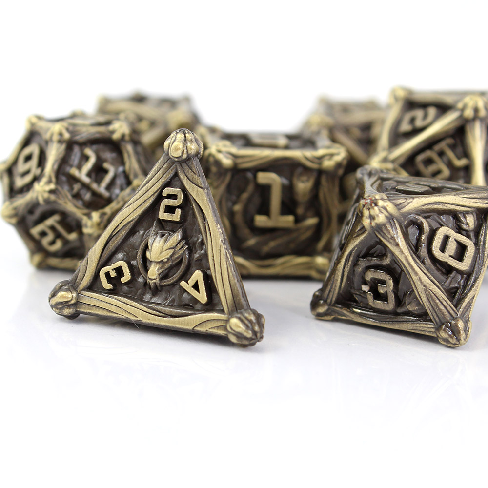 Kości RPG metalowe smoki antyczny brąz D&amp;D zestaw 7 szt. pudełko