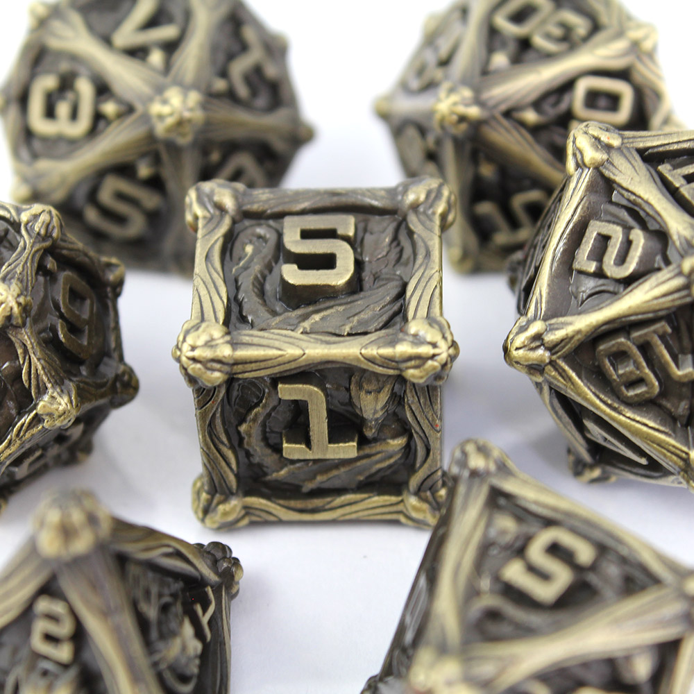 Kości RPG metalowe smoki antyczny brąz D&amp;D zestaw 7 szt. pudełko