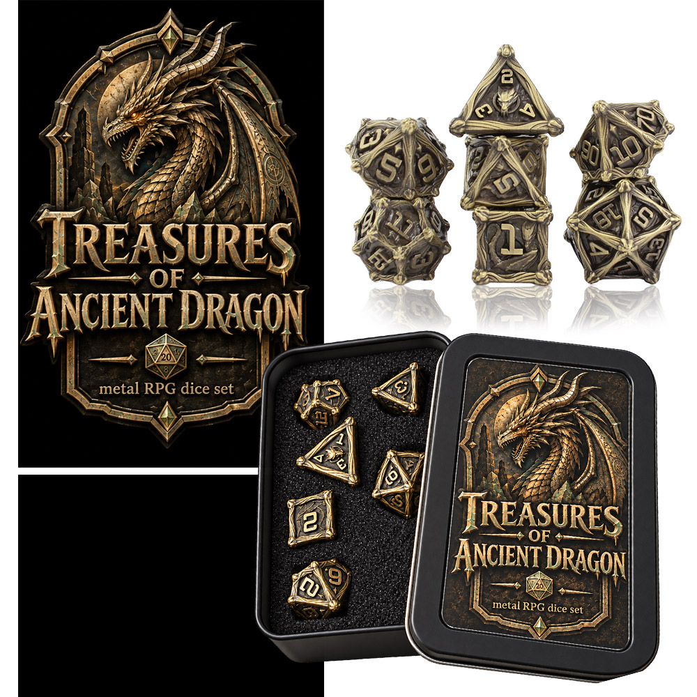 Opakowanie zestawu kości RPG Treasures of Ancient Dragon