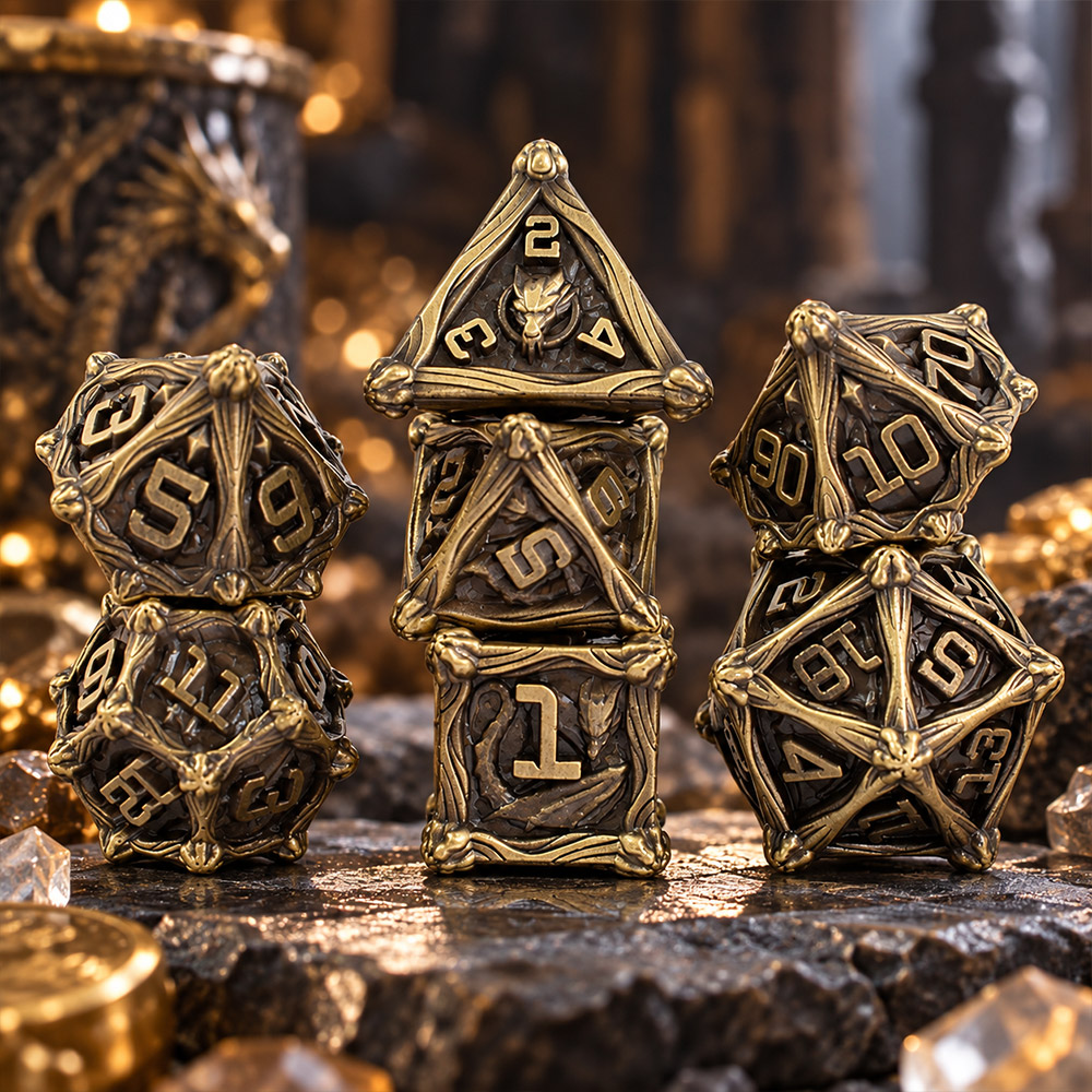 Kości RPG metalowe smoki antyczny brąz D&amp;D zestaw 7 szt. pudełko