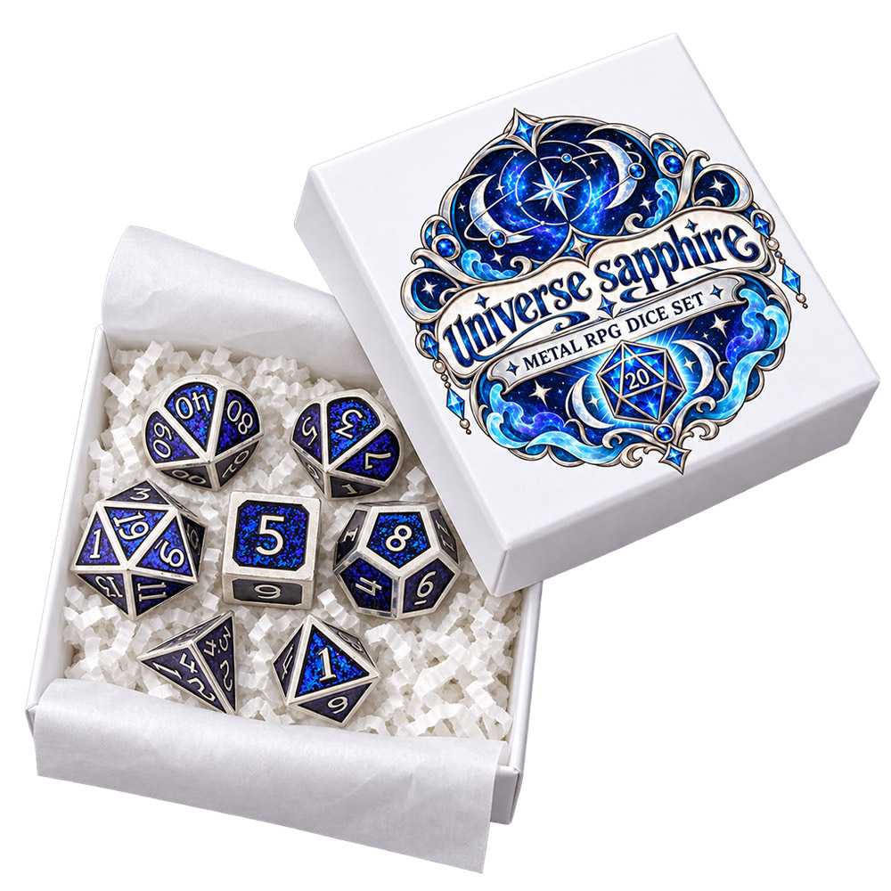 Kości RPG metalowe niebieskie srebrne D&amp;D Warhammer zestaw 7 szt.