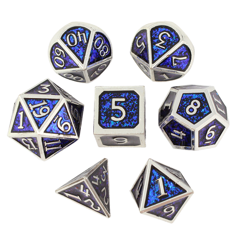Kości RPG metalowe niebieskie srebrne D&amp;D Warhammer zestaw 7 szt.
