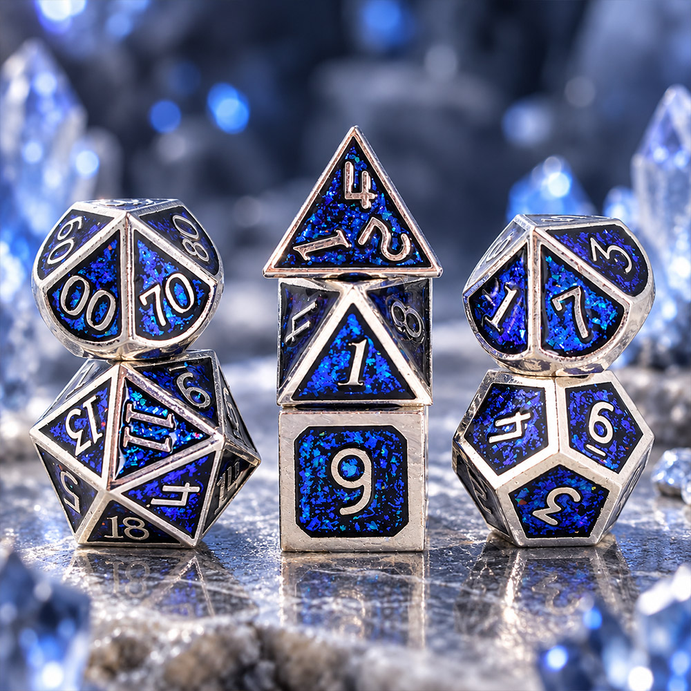Kości RPG metalowe niebieskie srebrne D&amp;D Warhammer zestaw 7 szt.