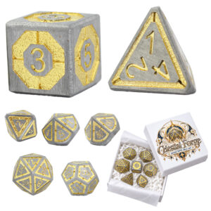 Kości RPG metalowe srebrne złote D&D Warhammer zestaw 7 szt.