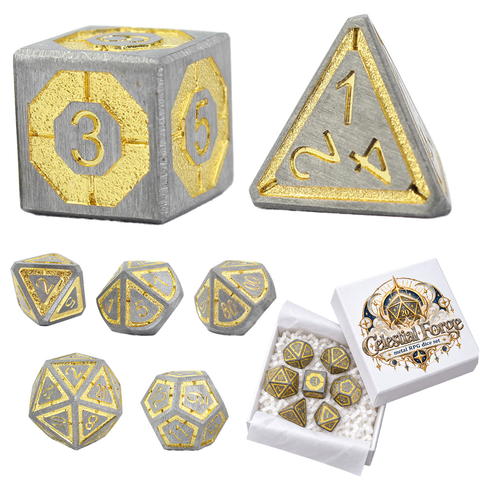 Kości RPG metalowe srebrne złote D&D Warhammer zestaw 7 szt.