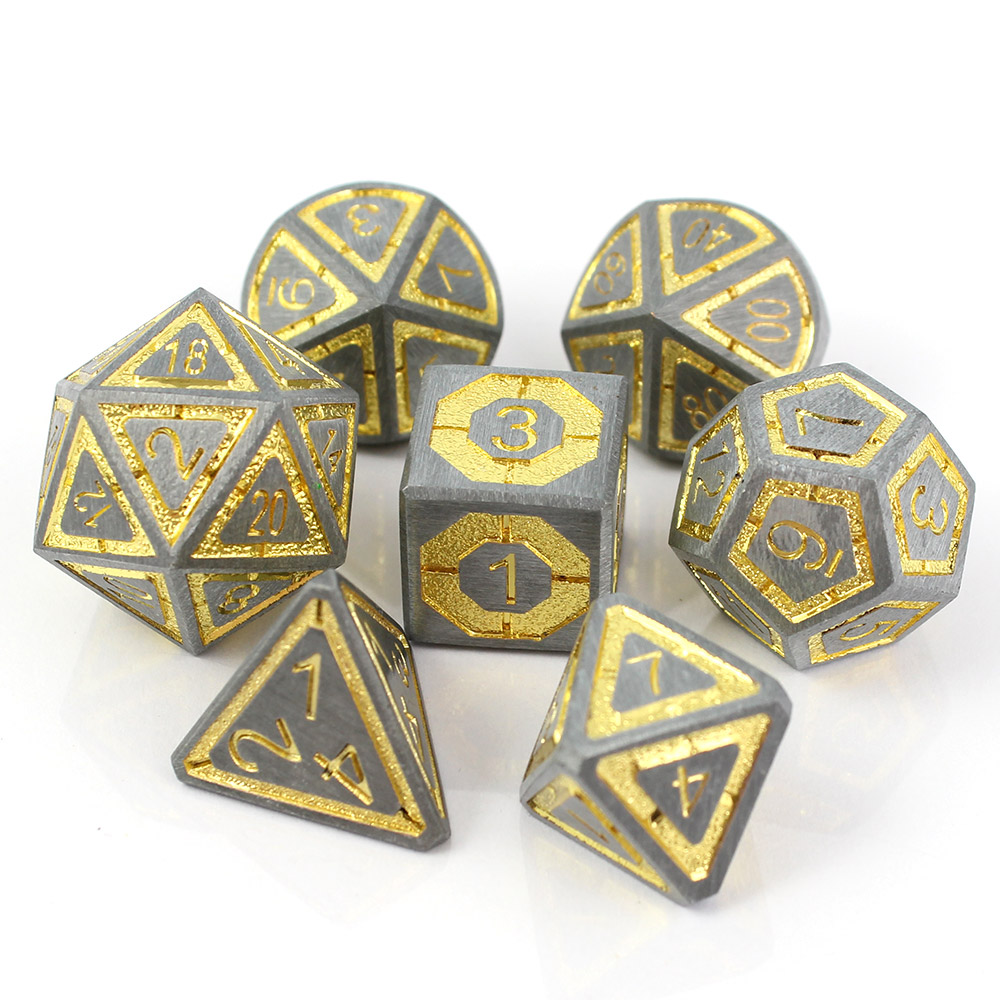 Kości RPG metalowe srebrne złote D&D Warhammer zestaw 7 szt.