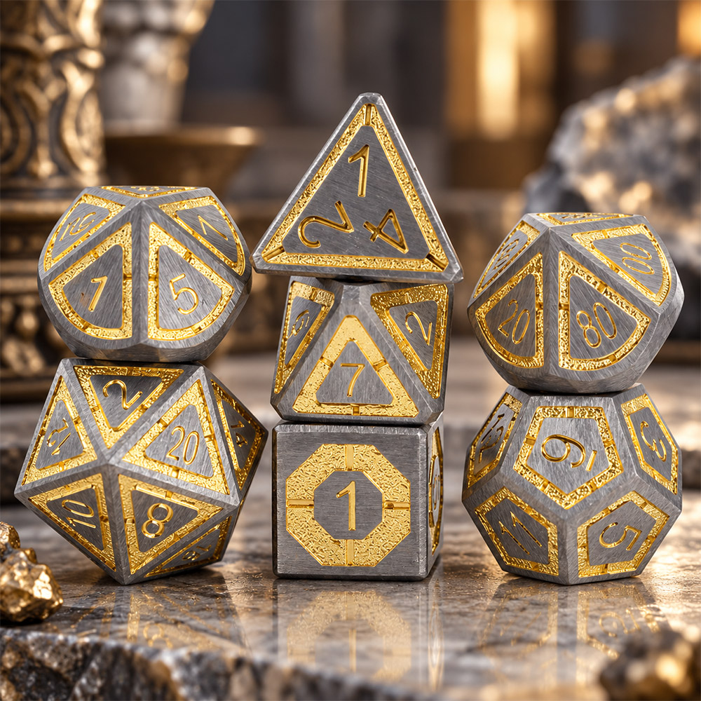 Kości RPG metalowe srebrne złote D&D Warhammer zestaw 7 szt.