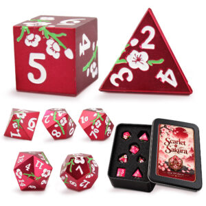 Kości RPG metalowe czerwone kwiaty Sakura D&D zestaw 7 szt. pudełko