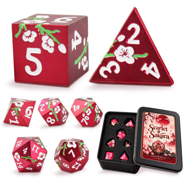 Kości RPG metalowe czerwone kwiaty Sakura D&D zestaw 7 szt. pudełko