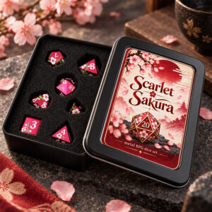 Kości RPG metalowe czerwone kwiaty Sakura D&D zestaw 7 szt. pudełko