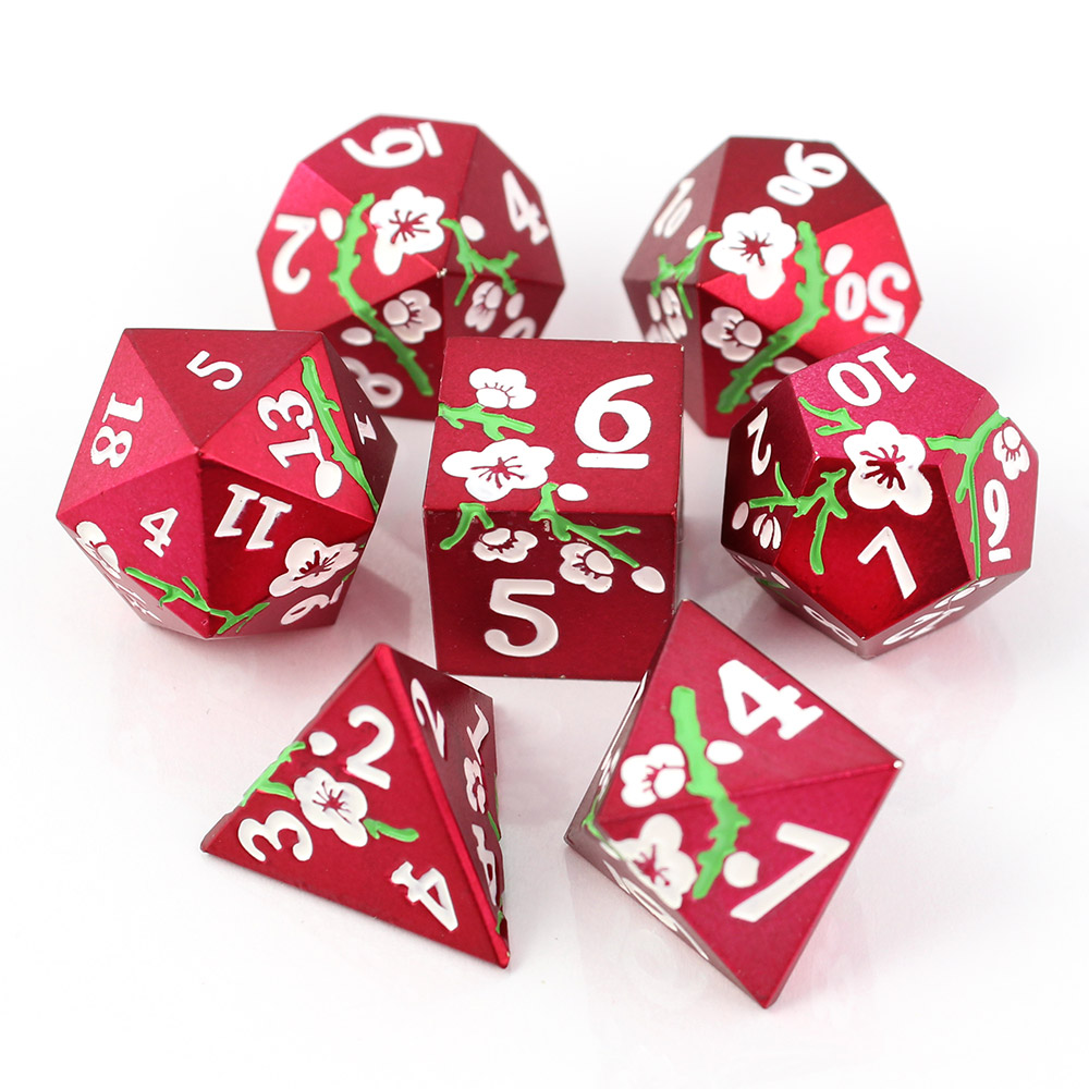Kości RPG metalowe czerwone kwiaty Sakura D&amp;D zestaw 7 szt. pudełko