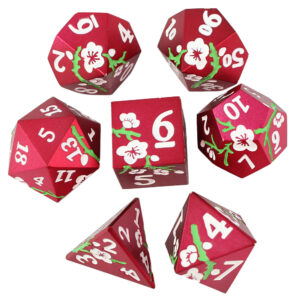 Kości RPG metalowe czerwone kwiaty Sakura D&D zestaw 7 szt. pudełko